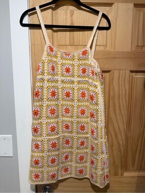 Together Crochet Square-Pattern Dress in Cream, Orange & Yellow